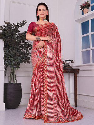 maayro Printed Leheria Georgette Saree(Red)