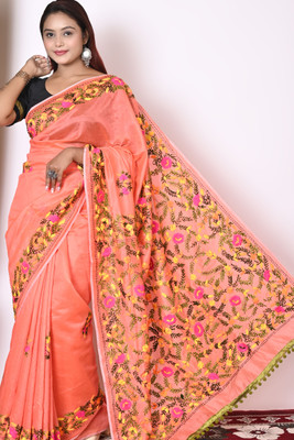NASREENFASHIONS Embroidered Chanderi Pure Silk Saree(Orange)