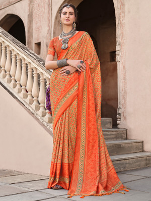 Tasrika Printed Banarasi Silk Blend Saree(Orange)