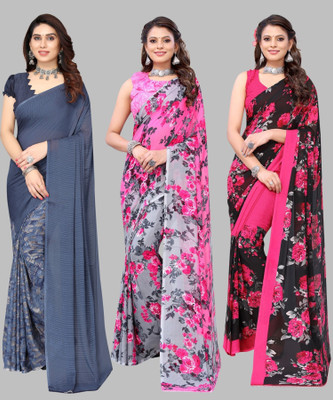Nirvaan Floral Print Daily Wear Georgette Saree(Pack of 3, Blue, Pink)