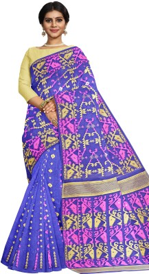 PuJoy Self Design Jamdani Cotton Blend Saree(Blue)