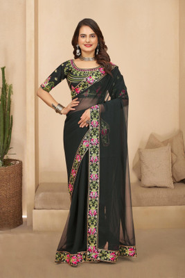 DRIZOMIZ Embroidered Bollywood Georgette Saree(Black)