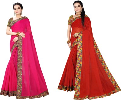 manish Printed Chanderi Cotton Blend Saree(Pack of 2, Magenta, Red)