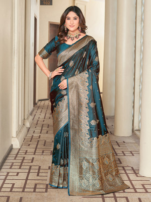 Sariya Woven Banarasi Satin, Jacquard Saree(Dark Blue)