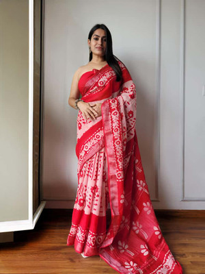 VastraNest Printed Hand Batik Cotton Linen Saree(Red, Pink)