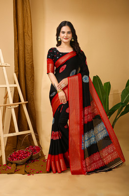 Utsavya Solid/Plain, Paisley Banarasi Pure Silk Saree(Black, Red)