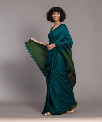 Binay textile Color Block Handloom Cotton Silk Saree(Dark Green)