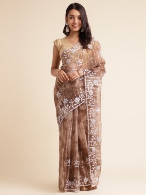 Tasrika Embellished Bollywood Organza Saree(Brown, White)