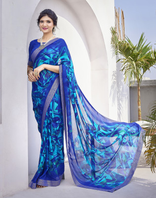 YASHIKA Printed Daily Wear Georgette, Lace Saree(Blue)