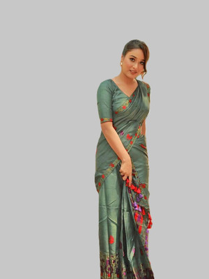 GRUJHA Self Design Mekhela Chador Polyester Saree(Dark Green)