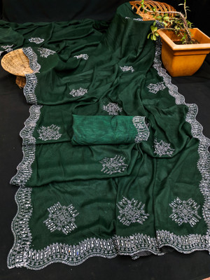LADDU SAREES Embellished, Solid/Plain Bollywood Georgette Saree(Green)