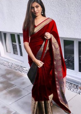 Vishal Enterprise Solid/Plain, Woven Banarasi Art Silk Saree(Red)
