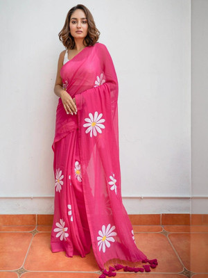 Aika Floral Print Daily Wear Linen Saree(Pink)