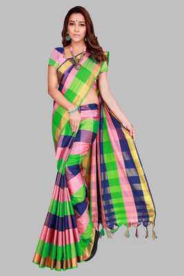 PRIYANSH CREATION Checkered Bollywood Cotton Blend Saree(Multicolor, Dark Blue)