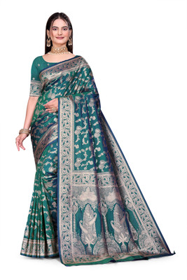 GHODTEXTILE Woven, Self Design, Floral Print, Temple Border Banarasi Pure Silk Saree(Dark Green)