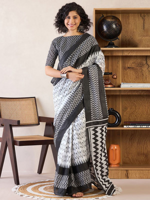 Anouk Rustic Printed Pre Draped Saree Cotton Blend Saree(White)