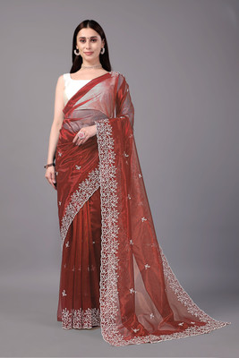 PATTARI Embroidered Bollywood Net Saree(Orange)