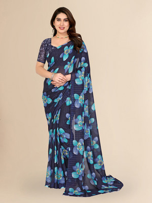 Moda Rapido Floral Print Bollywood Georgette Saree(Blue)
