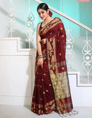 ADbutiq Self Design Bollywood Handloom Cotton Blend Saree(Maroon)