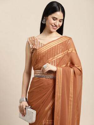 Sareemall Solid/Plain Leheria Georgette Saree(Beige)