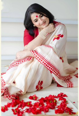 Shyamali Boutique Printed Handloom Cotton Blend Saree(White)