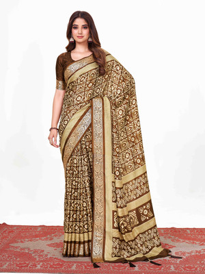 Sareemall Printed Chanderi Silk Blend Saree(Brown)