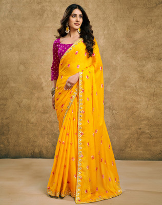 SIRIL Printed, Embellished Bollywood Chiffon, Lace Saree(Yellow)