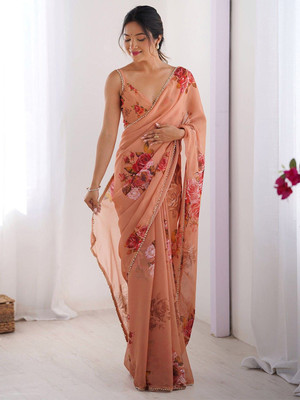 Subhmstore Self Design Bollywood Georgette Saree(Orange)