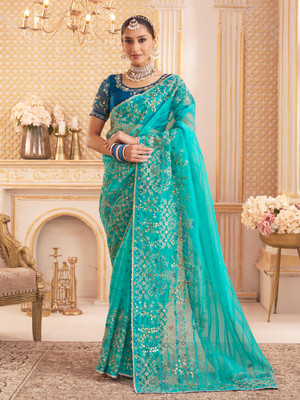 Laxmipati sarees Embroidered Saree with Attached Blouse Tissue Saree(Blue)