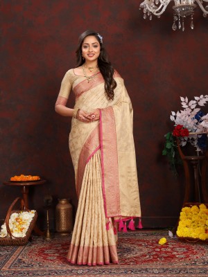 Keswi Fab Woven Banarasi Silk Blend Saree(Cream)