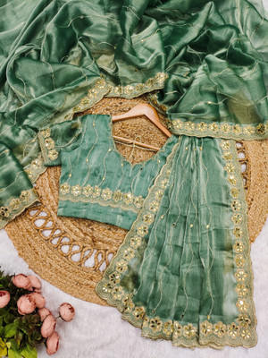 HERVALLY Embroidered, Embellished Bollywood Brasso, Jute Silk Saree(Green)