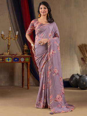 Tasrika Printed Hand Batik Viscose Rayon Saree(Purple)