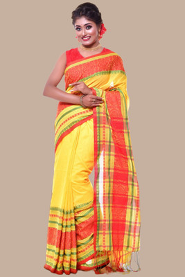 cloud vastra Woven Gadwal Pure Cotton Saree(Yellow)