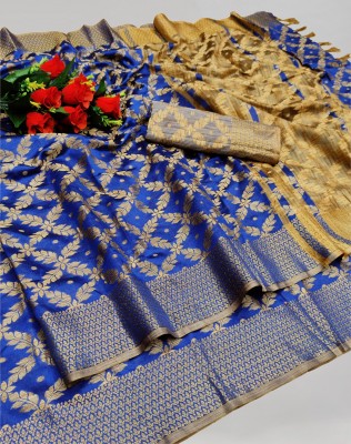 SIRIL Self Design, Woven, Embellished Kanjivaram Jacquard, Pure Silk Saree(Gold, Blue)