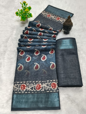PRTRENDZ Self Design Bollywood Linen, Cotton Linen Saree(Dark Blue)