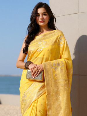 Sareemall Woven Banarasi Silk Blend Saree(Yellow)