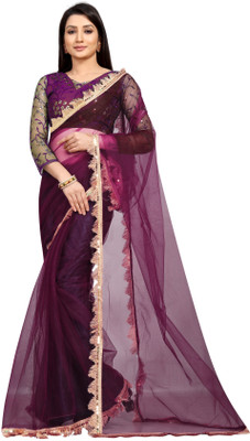 Barkiya Creation Embroidered Bollywood Net Saree(Purple)