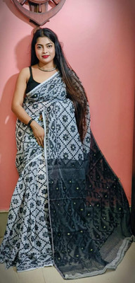 HouseOfCommon Woven Jamdani Cotton Silk Saree(White)