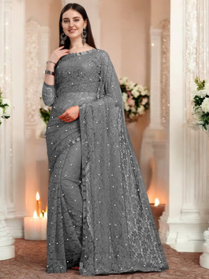 NORAFLEX Embroidered Bollywood Net Saree(Grey)