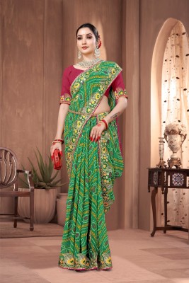 SHAYONAM Printed Bandhani Chiffon, Georgette Saree(Green)