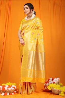 Monghiba Clothing Self Design Banarasi Jacquard Saree(Yellow)