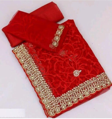 Zenomics Embroidered, Embellished Bollywood Net Saree(Red)