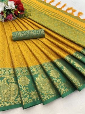 MM VENTURE Woven Kanjivaram Jacquard Saree(Mustard)