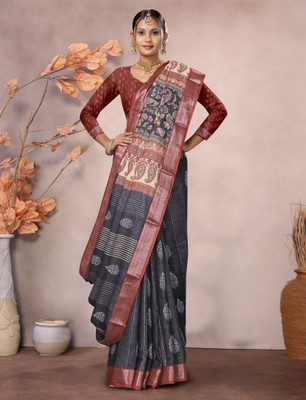 Gajal Printed, Woven Kanjivaram Pure Cotton, Cotton Linen Saree(Black, Red)