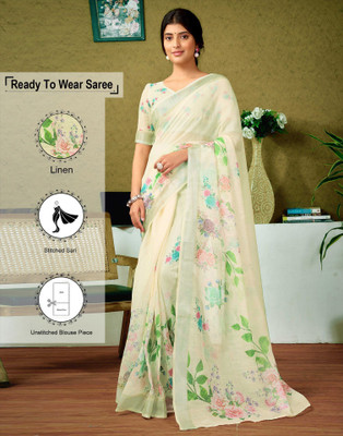 Samah Printed Bollywood Linen Saree(Multicolor, Beige)