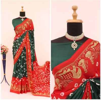 Laaksha Creation Printed Bandhani Crepe Saree(Multicolor)