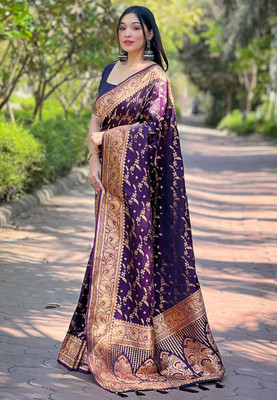 all about you Woven Banarasi Silk Blend Saree(Purple)