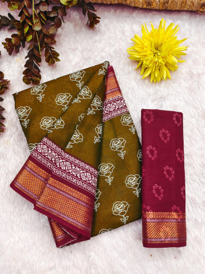 JASU CREATION Floral Print Handloom Pure Cotton Saree(Mustard)