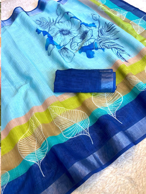Sniccs Trend Floral Print, Printed, Striped Daily Wear Linen Saree(Blue)