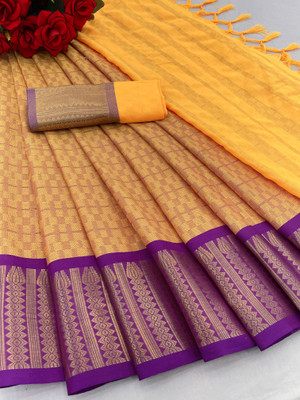 KanjiQueen Embellished Jamdani Silk Blend, Cotton Blend Saree(Purple, Yellow)